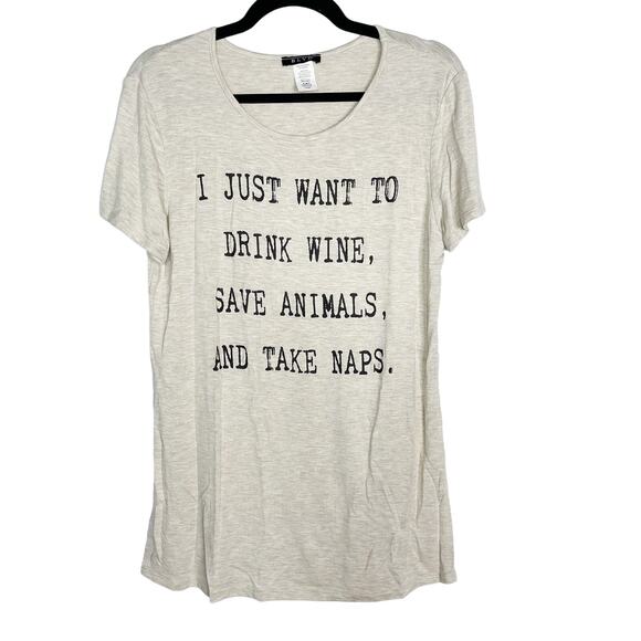 New BLVD Large Cream Heather Drink Wine Save Animals Tee Modal Stretch Side Slit - Picture 1 of 9